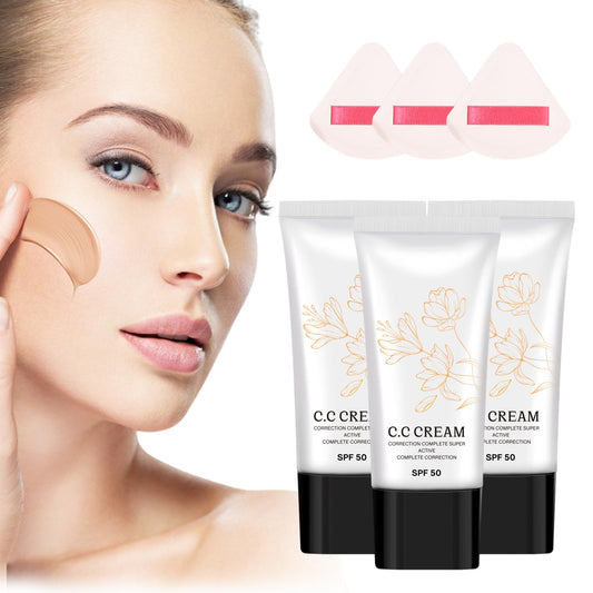 Korean Cc Cream Self Adjusting for Mature Skin Cc Cream Tinted Moisturizer with Spf 50 Full Coverage Organic Cc Cream Sunscreen Foundation and Concealer for Face and Body Color Correcting (3PCS)
